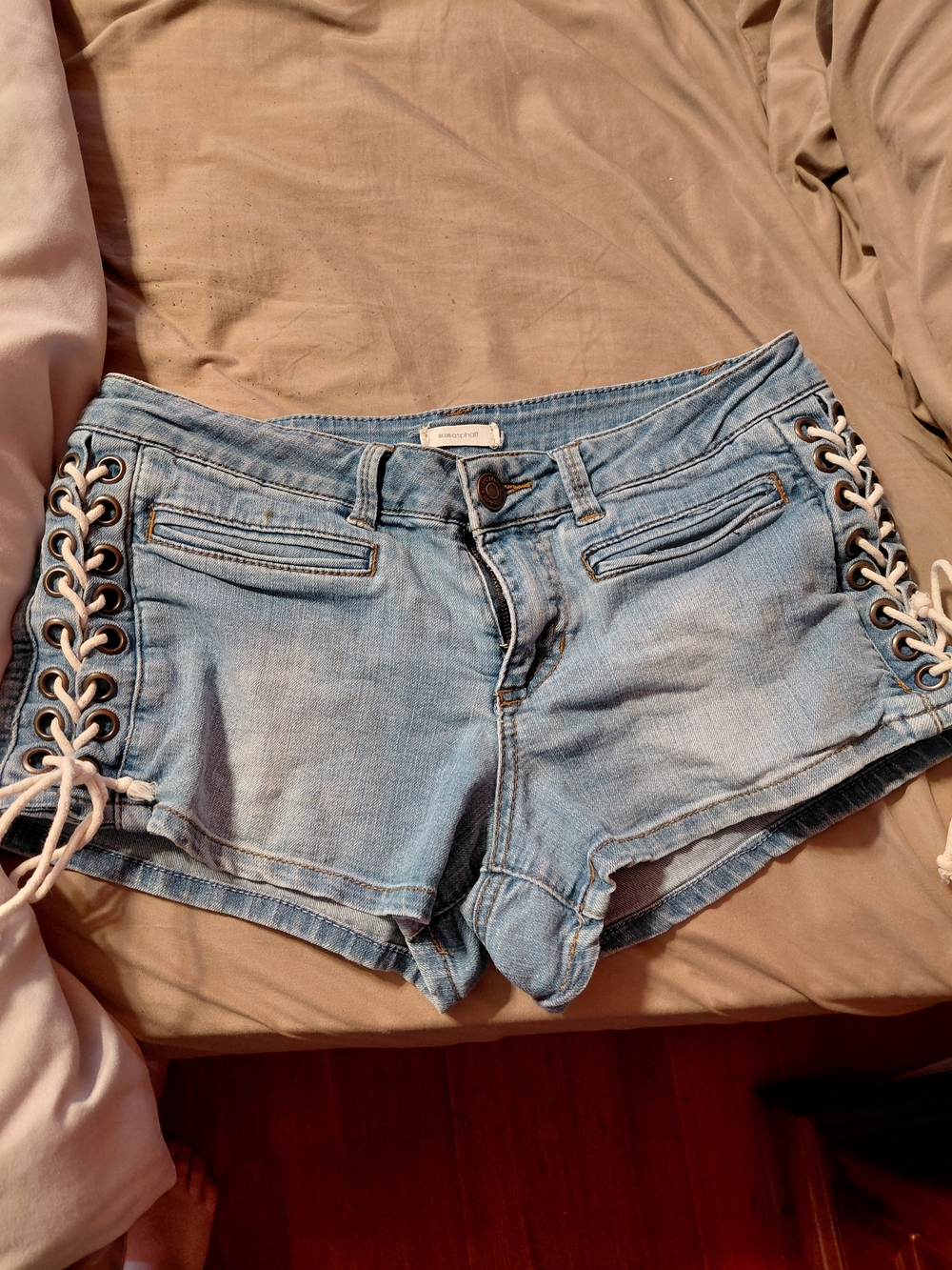 Blue Asphalt Light Wash Lace-Up Side Jean Shorts